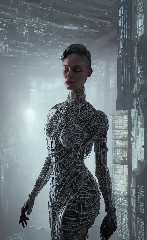 Image similar to Female in office dress, hyperrealistic mixed media, stunning 3d render inspired art by P. Craig Russell and Barry Windsor-Smith + perfect facial symmetry + dim volumetric lighting, 8k octane beautifully detailed render, post-processing, extremely hyperdetailed, intricate futuristic mechanic parts, epic composition, grim yet sparkling atmosphere, cinematic lighting + masterpiece, trending on artstation