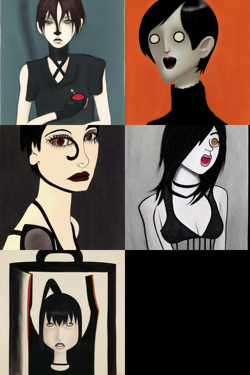 Prompt: an emo portrait by charles addams. her hair is dark brown and cut into a short, messy pixie cut. she has a slightly rounded face, with a pointed chin, large entirely - black eyes, and a small nose. she is wearing a black tank top, a black leather jacket, a black knee - length skirt, and a black choker..