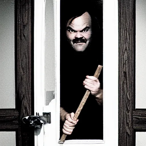 Image similar to film Footage from the Shining: Jack Black's face looking through a rough vertical hole in a white door after he used an ax to make the hole. He is grinning with his brows down in an evil expression, facing the camera but looking to the right.