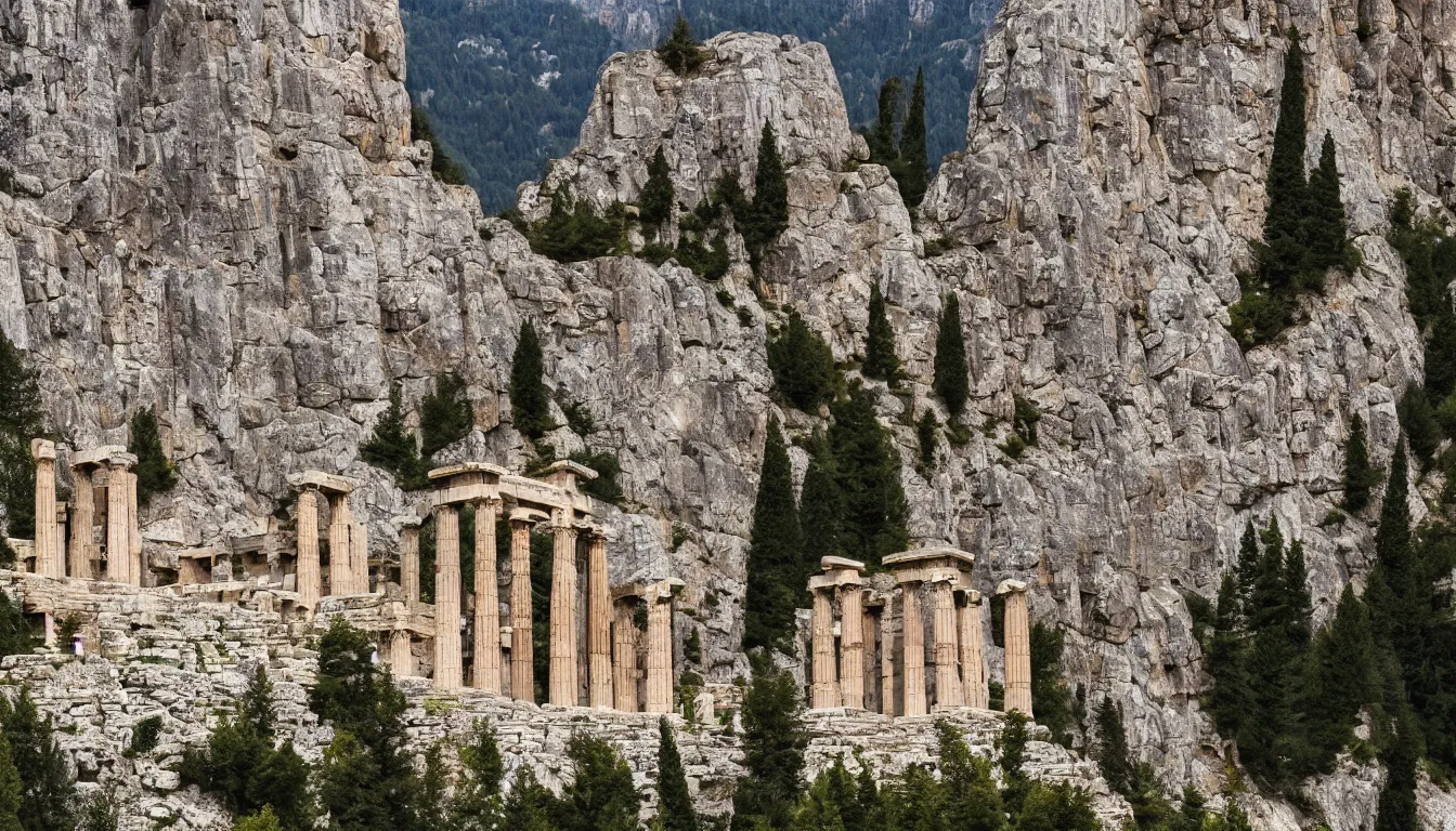 Prompt: ancient greek temple in the dolomites mountains