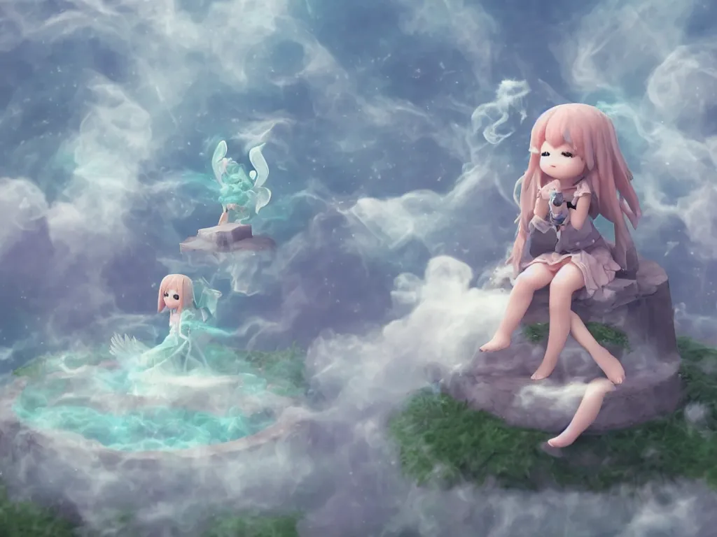 Image similar to cute fumo plush gothic angel maiden girl sitting on a floating island, isometric projection, wisps of smoke and volumetric fog, vignette, orthographic, vray