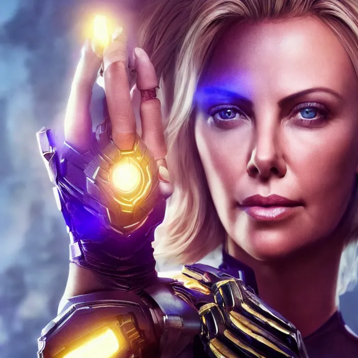 Prompt: portrait of ((Charlize Theron)), wearing The Infinity GAUNTLET. thanos, infinity gauntlet. intricate artwork. octane render, trending on artstation, very coherent symmetrical artwork. avengers. thanos. cinematic, hyper realism, high detail, octane render, 8k, iridescent accents