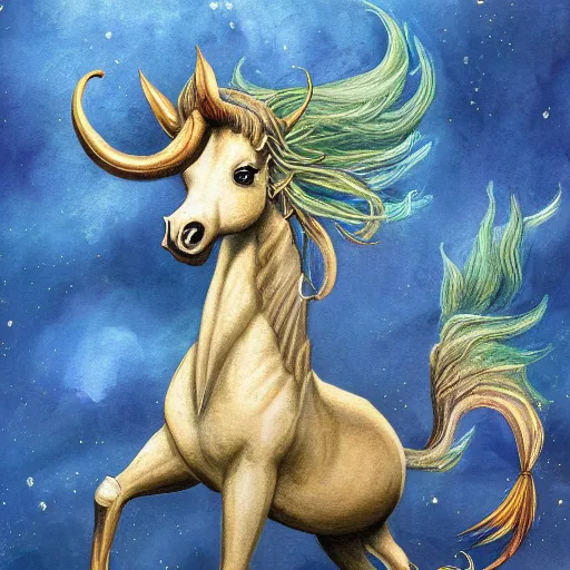 Image similar to a merhorse hippocampus capricorn, fantasy art,