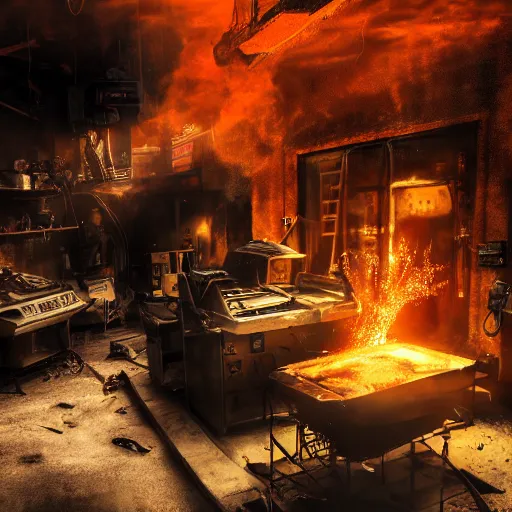 Image similar to cyborg toaster oven repairman, dark messy smoke - filled cluttered workshop, dark, dramatic lighting, orange tint, sparks, plasma rays, cinematic, highly detailed, sci - fi, futuristic, movie still