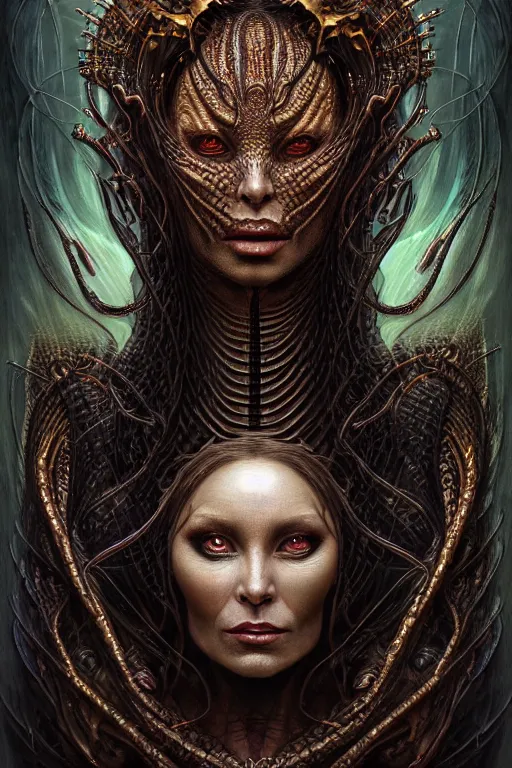 Prompt: single face portrait. complex hyper-maximalist overdetailed cinematic cosmic scifi portrait of an elegant very attractive but wild and dangerous humanoid reptilian goddess by andrei riabovitchev, tomasz alen kopera, oleksandra shchaslyva. Omnious intricate. Secessionist portrait illustration. Poison goddes. Slightly influenced by giger. Zerg human hybrid goddes. Unreal engine 5. Focus on face. Artstation. Deviantart. 8k 4k 64megapixel. Cosmic horror style. Rendered by binx.ly.