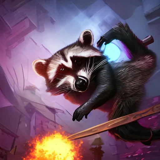 Prompt: raccoon rogue escaping a mansion he robbed, cinematic, detailed, d & d, colorful, hyperrealistic, trending on artstation