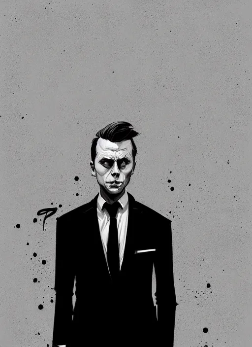 Image similar to highly detailed closeup portrait of martin wallstrom, tyrell wellick, slick back hair wearing suit by atey ghailan, by greg rutkowski, by greg tocchini, by james gilleard, by joe fenton, by kaethe butcher, gradient blue, black and white only color scheme, grunge aesthetic!!! ( ( graffiti tag wall background ) )