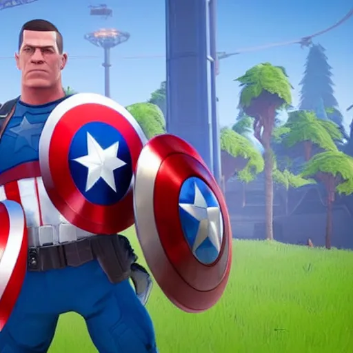 Prompt: John Cena wearing captain America's uniform, as a Fortnite character, cinematic, detailed