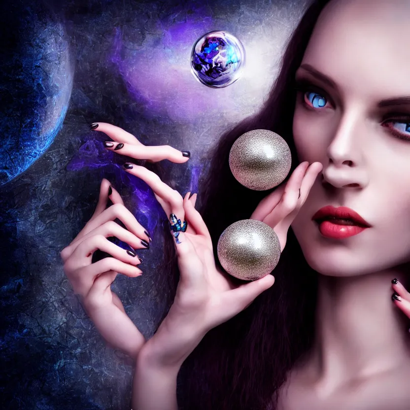 Prompt: enchanting femenine witch gazing into a crystyal ball she is holding, hyper attractive, seductive, very complex, hyper - maximalist, overdetailed, legendary cinematic, archetype with timeless beauty breathtaking eyes, highly intricate, realism, perspicious detail, photorealistic, lifelike, dslr 8 k, unbeatable coherency, octane render