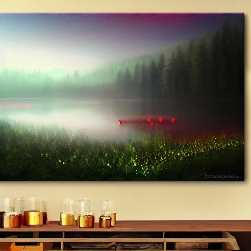 Image similar to lake, forest, night, fog, trees, glowing fireflies, moonshine, volumetric lighting, canvas, oil paint