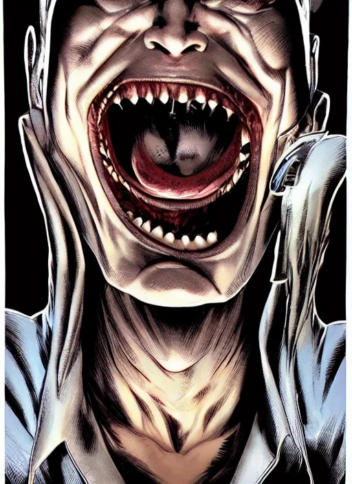 Prompt: aesthetic digital illustration of a handsome grinning young man by brian bolland, rachel birkett, alex ross, and neal adams | dark, scary, character concept, concept art, unreal engine, finalrender, centered, deviantart, artgerm