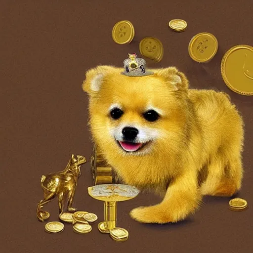 Image similar to A gold pomeranian wearing a top-hat and monocle, sitting on a pile of gold coins