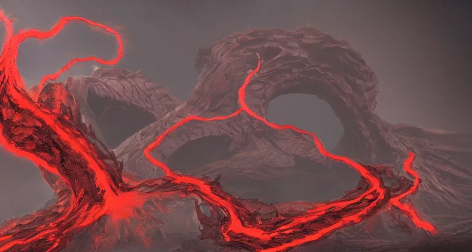 Image similar to a volcano made of ivory vines and crimson rocks enters in eruption, it spits a smoke in the shape of demonic eye, from Magic the gathering