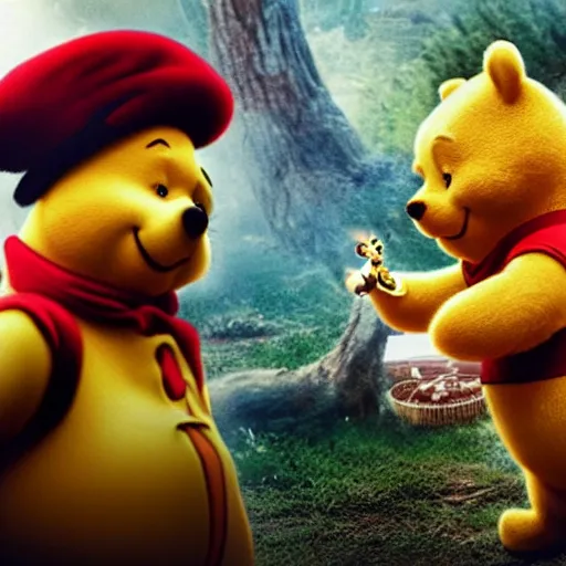 Image similar to an award winning cinematic still of Xi Jinping fighting Winnie the Pooh, 16k photograph, epic battle