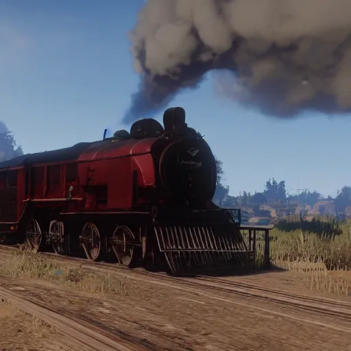 Image similar to futuristic sleek steam locomotive in red dead redemption 2