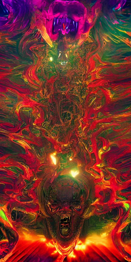 Prompt: impossibly beautiful alien god blots out the sun and unleashes an army of demons on the world, epic scale, intricate complexity, horror, psychedelic glitch art, rainbow drip paint, trending on art station, photoreal, 8k, octane render