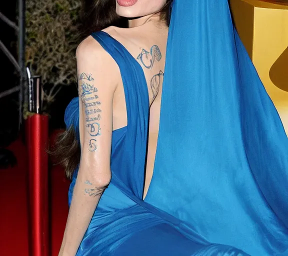 Image similar to beautiful astonishing angelina jolie as a mystical creature with beautiful body shape wearing a magic blue blanket and flying through the air