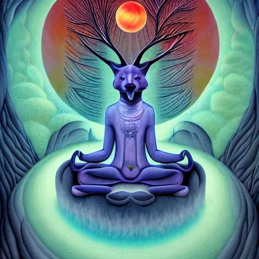 Image similar to an anthromorphic wolf meditating in a zen garden with a waterfall under the blood moon, by Adi granov and afarin sajedi and amanda sage and evgeni gordiets and Agostino Arrivabene and lisa frank in a psychedelic portrait style, ultrarealistic matte painting, volumetric lighting, fractal, extremely symmetrical, highly detailed face, orisha, 8k, hd