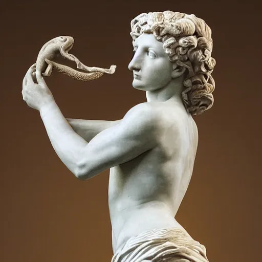 Image similar to greek or roman sculpture in marble of a female athlete holding a snake, in a museum background, hyperrealistic photograph in the style of bernini, golden hour