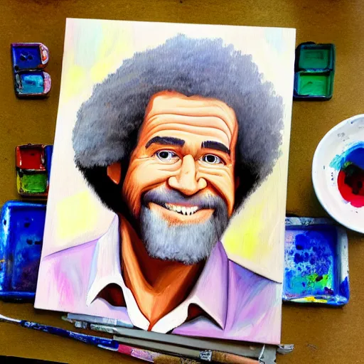 Prompt: A painting of Bob Ross in the style of Bob Ross