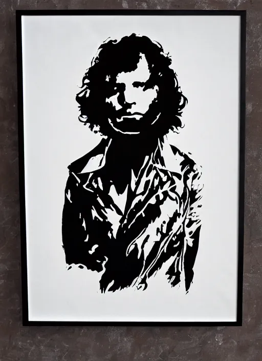 Prompt: Jim Morrison, Detailed, 1970's, Art Poster, Screen print, Cream paper, black, red and cyan ink