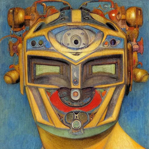 Image similar to the robot in her floral mask, by Annie Swynnerton and Diego Rivera, symbolist, dramatic lighting, elaborate geometric ornament, Art Brut ,god rays, soft cool colors,smooth, sharp focus, extremely detailed, Adolf Wölfli