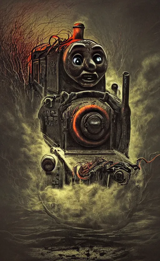 Image similar to thomas the tank engine in style of zdzisław beksinski, extremely dramatic lighting, 8 k, tendrils, black, darkness, black slime tendrils, infected, rust, body horror, thomas the train, thomas the tank engine face, horror,