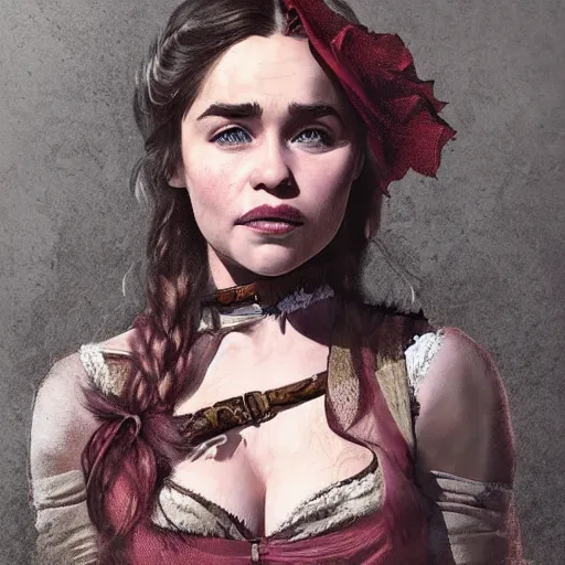 Prompt: Portrait of Emilia Clarke as a Red Dead Redemption character wearing an old western corset dress, digital illustration portrait design by, Mark Brooks and Brad Kunkle detailed, gorgeous lighting, wide angle action dynamic portrait