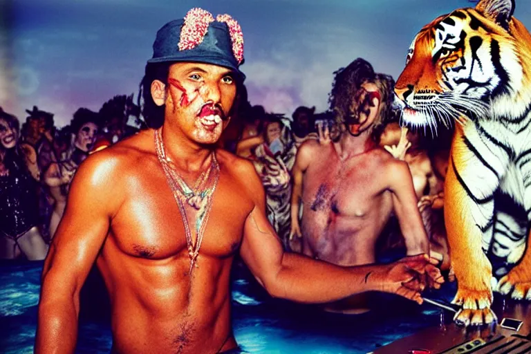 Prompt: tiger dj in a beach club. by david lachapelle