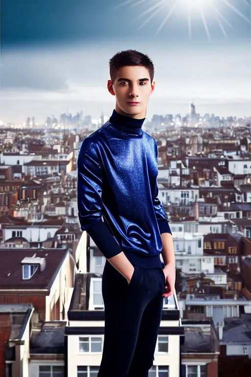 Image similar to un ultra high definition studio quality photographic art portrait of a young man standing on the rooftop of a british apartment building wearing soft padded silver pearlescent clothing. three point light. extremely detailed. golden ratio, ray tracing, volumetric light, shallow depth of field. set dressed.