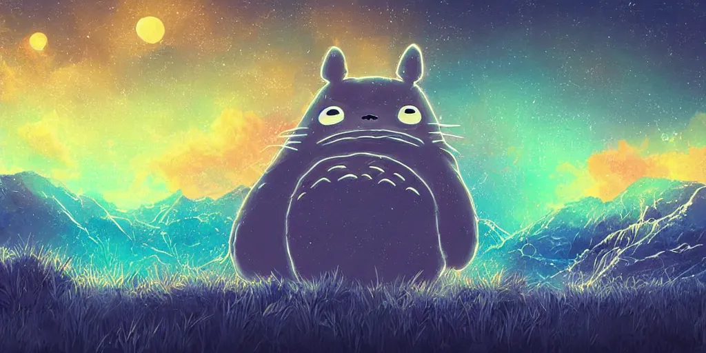 Image similar to glowing wireframe totoro, mountain landscape, night sky, digital art, digital painting, celestial, majestic, colorful