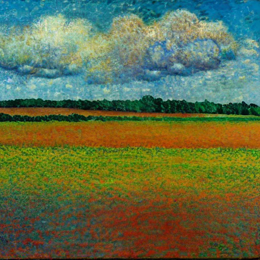 Prompt: oil paint impasto reliefs summer sussex fields, atmospheric, painted with expressive paint and cumulus clouds, some splattered paint, in the style of signac and frank auerbach - n 9