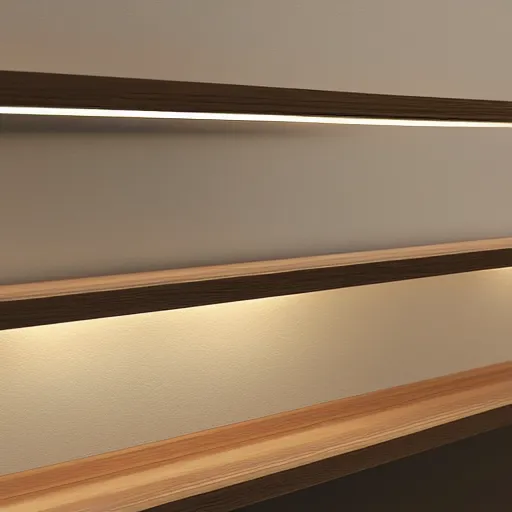 Image similar to led strip lighting on shelving, up close, homes and gardens, super detailed render, award winning