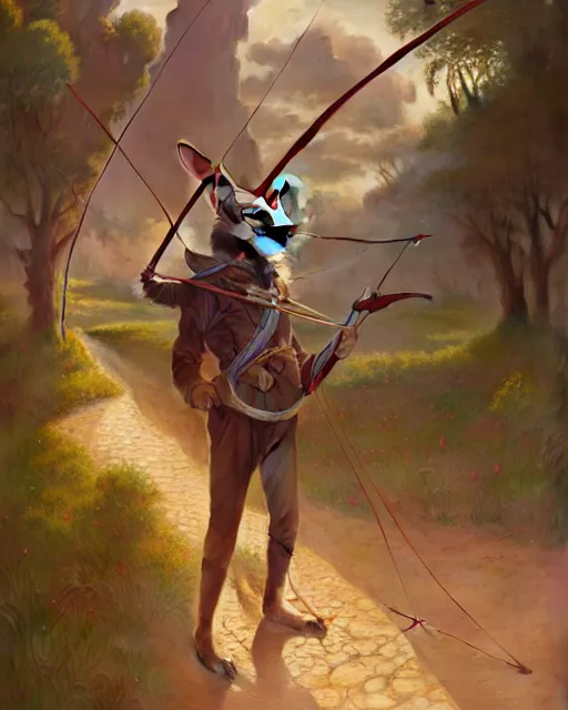 Image similar to highly detailed surreal vfx portrait of a rabbit archer, stephen bliss, unreal engine, greg rutkowski, loish, rhads, beeple, makoto shinkai and lois van baarle, ilya kuvshinov, rossdraws, tom bagshaw, alphonse mucha, global illumination, detailed and intricate environment