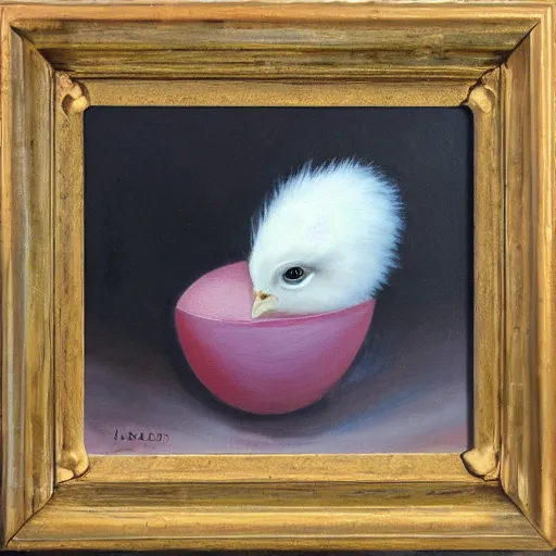 Prompt: Baby chicken hatching from an egg at sunset, oil painting