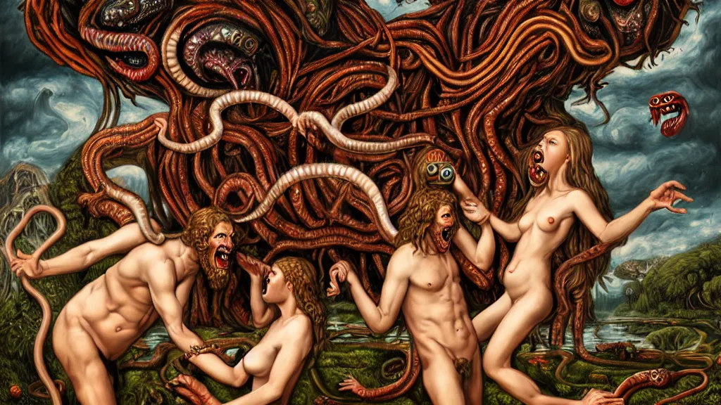 Prompt: Adam and eve with a screaming worm monster, maximalist, high detail, 8k, ornate, dark fantasy, realistic, masterpiece, complex, WLOP, wide angle, by rocco