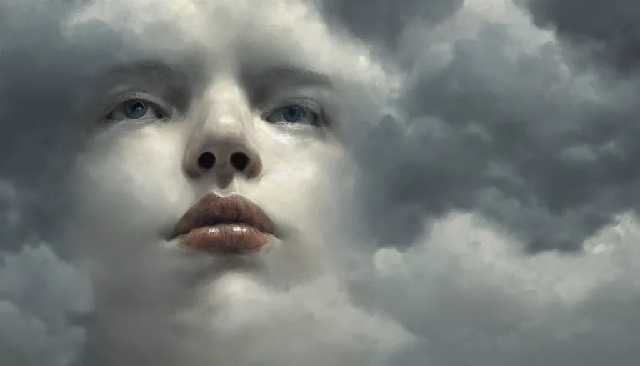Image similar to face in the clouds, face made out of clouds, intricate,, highly detailed, digital painting, smooth, sharp focus, illustration, art by gustave dore, octane render