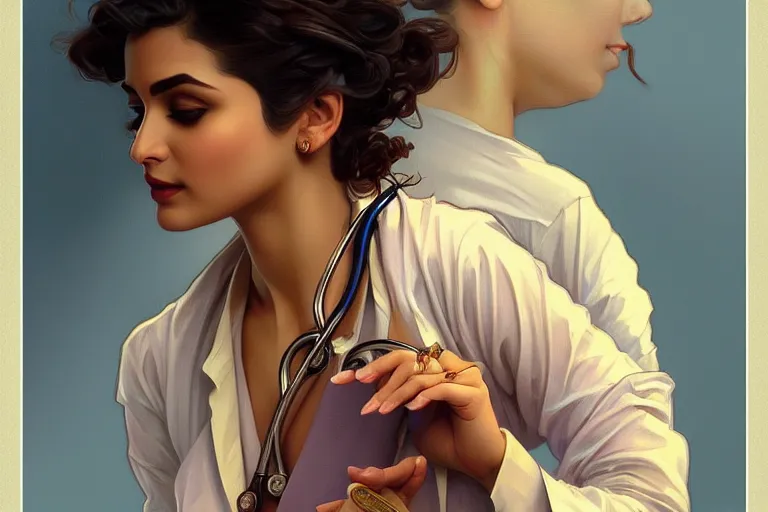 Image similar to sensual pale beautiful indian doctor in jeans with stethoscope, art deco portrait, elegant, intricate, digital painting, artstation, concept art, smooth, sharp focus, illustration, art by artgerm and greg rutkowski and alphonse mucha