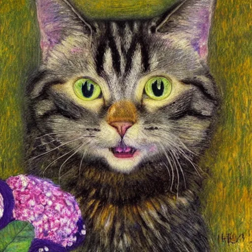 Prompt: portrait of a very fluffy dark tabby cat with green eyes eating cat food, happy cat, canned food, moonlight, full body, smiling cat, golden colors, flowers, intricate, elegant, highly detailed, smooth, sharp focus, illustration, art by gustav klimt