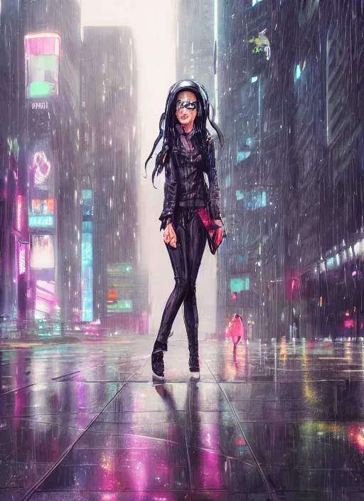 Image similar to girl, cyberpunk, goggles, pilot, standing in the rain with an umbrella, wet, raindrops, reflections, detailed city background, portait, made by stanley artgerm lau, wlop, rossdraws, james jean, andrei riabovitchev, marc simonetti, yoshitaka amano, artstation