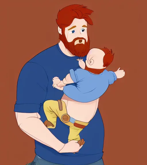 Image similar to a father with short red hair, a short red beard and blue eyes and a slightly chubby face hold his infant son with short brown hair full color digital illustration in the style of don bluth, artgerm, artstation trending, 4 k