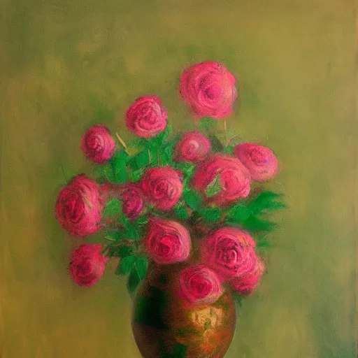 Image similar to abstract yet impressionistic painting of a green marble vase with dying pink roses inside against a green background