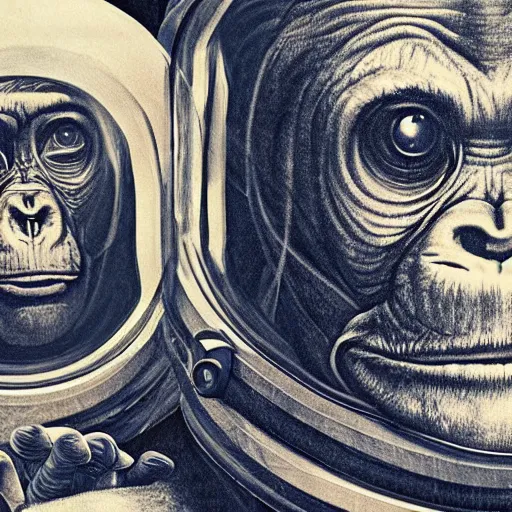 Image similar to double exposure portrait of astronaut and a chimpanzee astronaut with space and time in the the background by davinci, circles, psychedelic, pencil art, high definition, dynamic lighting stars, sharpness, golden ratio