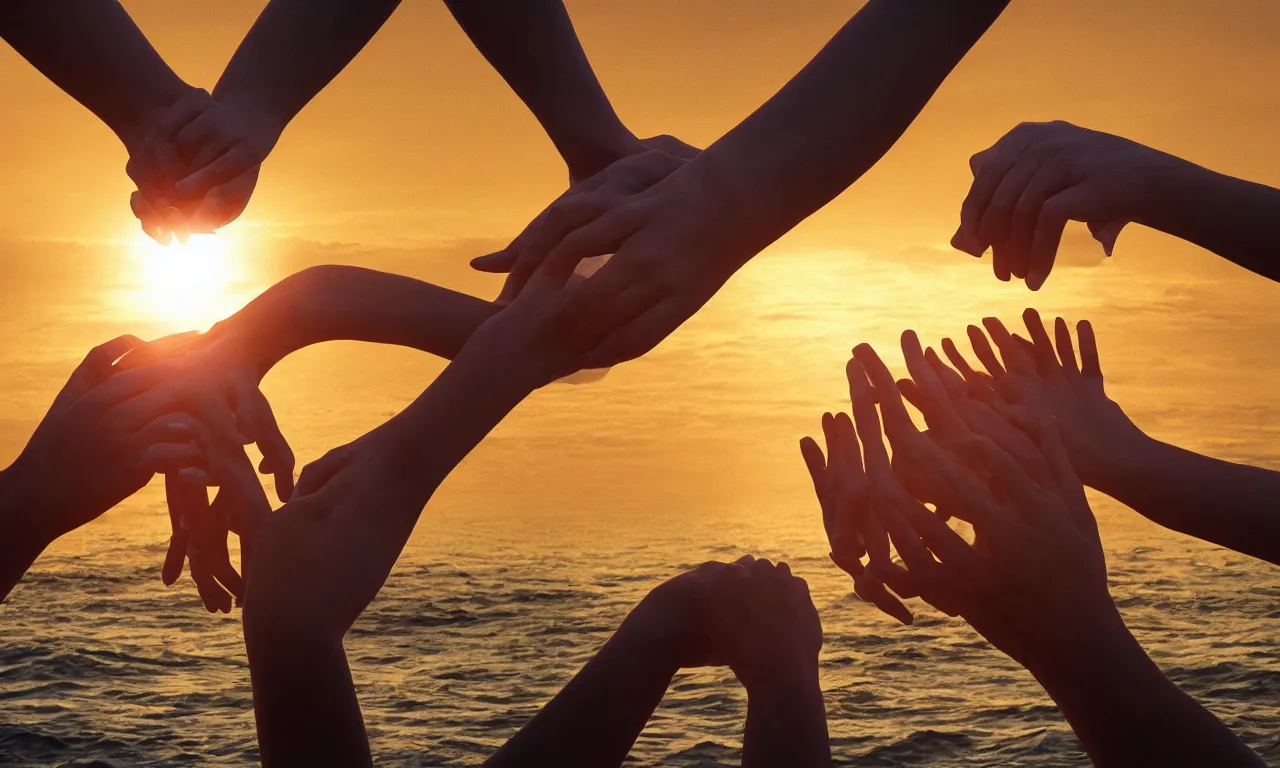 Image similar to digital illustration of many highly hands arms gripping each other by the forearms, at sunset, in the style trending on artstation, cinematic, expressing the idea of teamwork, ocean spray, dramatic lighting