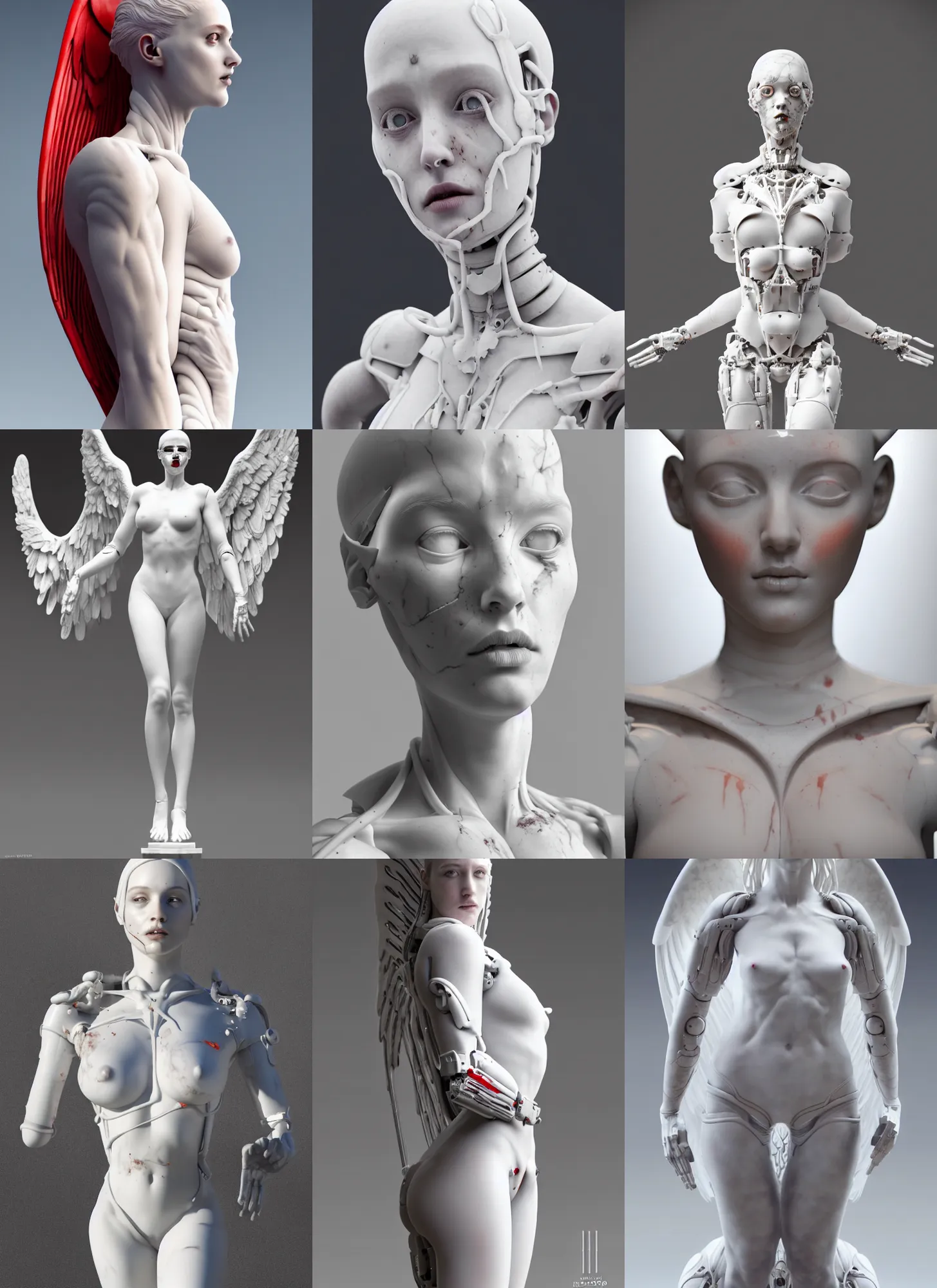 Prompt: a statue made of white marble covered in blood, of an gorgeous futuristic cybernetic angel girl, prostheses, transhumanism, full body shot, perfect symmetrical body, perfect symmetrical face, hyper realistic, hyper detailed, by peter kemp, by monia merlo, by michelangelo, octane render, blender, 8 k