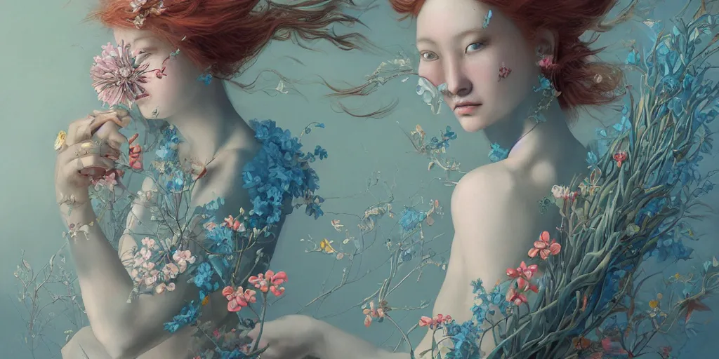 Image similar to breathtaking detailed concept art painting blend of two redhair goddess of light blue flowers by hsiao - ron cheng with anxious piercing eyes, vintage illustration pattern with bizarre compositions blend of flowers and fruits and birds by beto val and john james audubon, exquisite detail, extremely moody lighting, 8 k