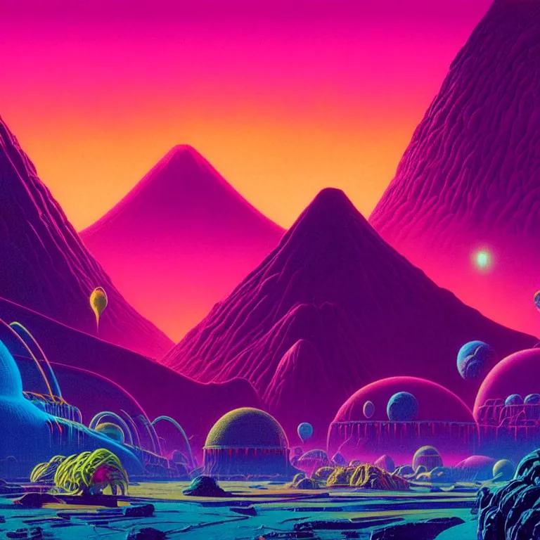 Image similar to pink inca spaceport, volcano valley, ( ( ( synthwave ) ) ), bright neon colors, highly detailed, cinematic, tim white, michael whelan, roger dean, bob eggleton, philippe druillet, vladimir kush, kubrick, haeckel, alfred kelsner