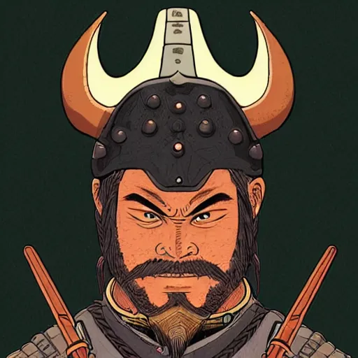 Prompt: a powerful japanese samurai wearing a viking's horned helmet, detailed face, highly detailed, face symmetry, character concept portrait by moebius and laurie greasley, colorful, profile picture, 8 k, cinematic color grading