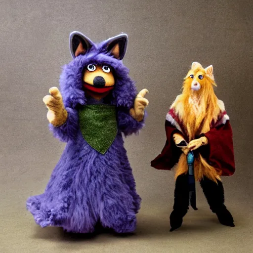 Prompt: a foxfolk wizard druid as a furry muppet plush wearing a fancy elven cloak and holding a sentient scimitar