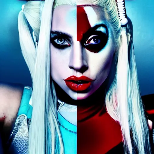 Image similar to awe inspiring photorealistic movie poster featuring Lady Gaga as Harley Quinn 4k hdr amazing lighting